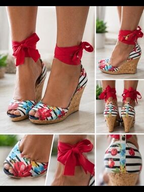 Floral Stripe Cork Wedge Sandals with Red Ankle Tie
